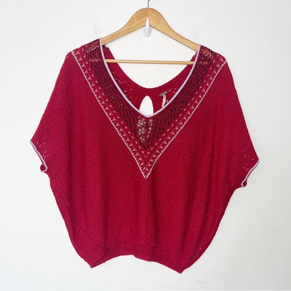 Free People Red Knit Short Sleeve Dolman Top Sz S Boho Hippie Lightweight Casual